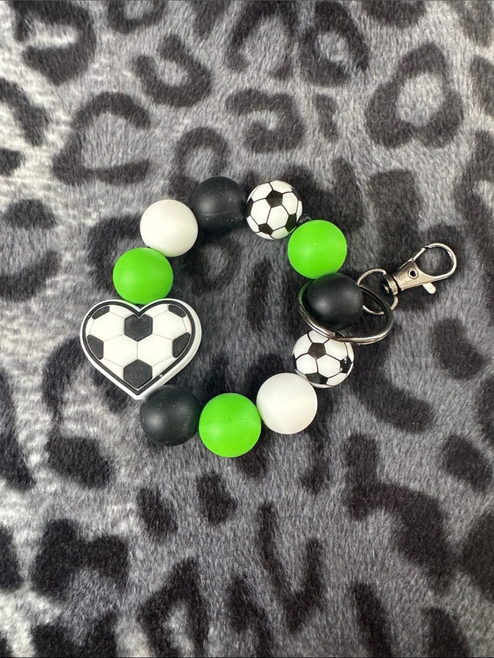 Soccer Heart Beaded Keychain & Card Holder - Green Black White